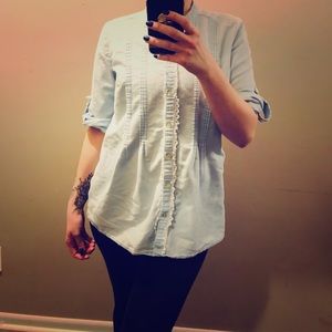 Light blue “jean” blouse with crochet trim